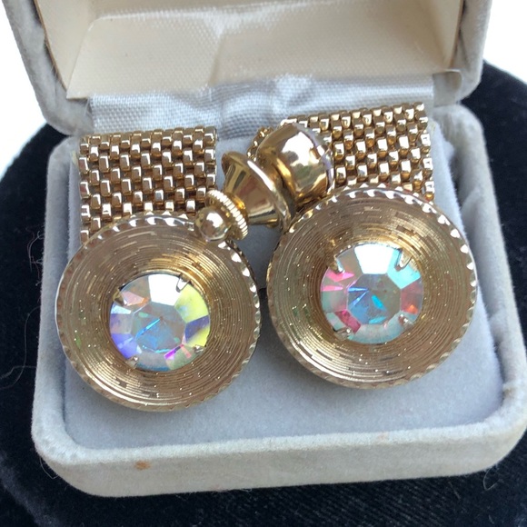 Vintage Gold Mesh Cufflinks Tie Tack Set Rivoli Rhinestones - Picture 3 of 12